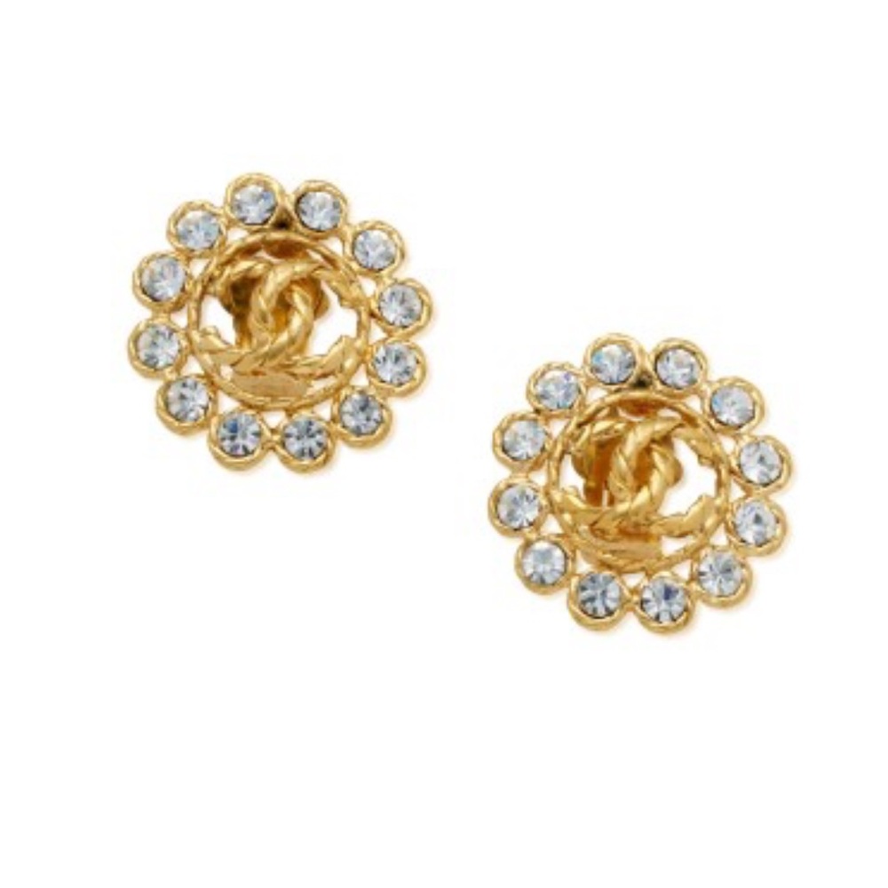 Chanel Vintage 90s Gold Metal CC Rhinestone-Embellished Button Earrings - Picture 6 of 13